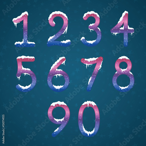 Winter cream numbers set with snow caps. Frozen New year digits