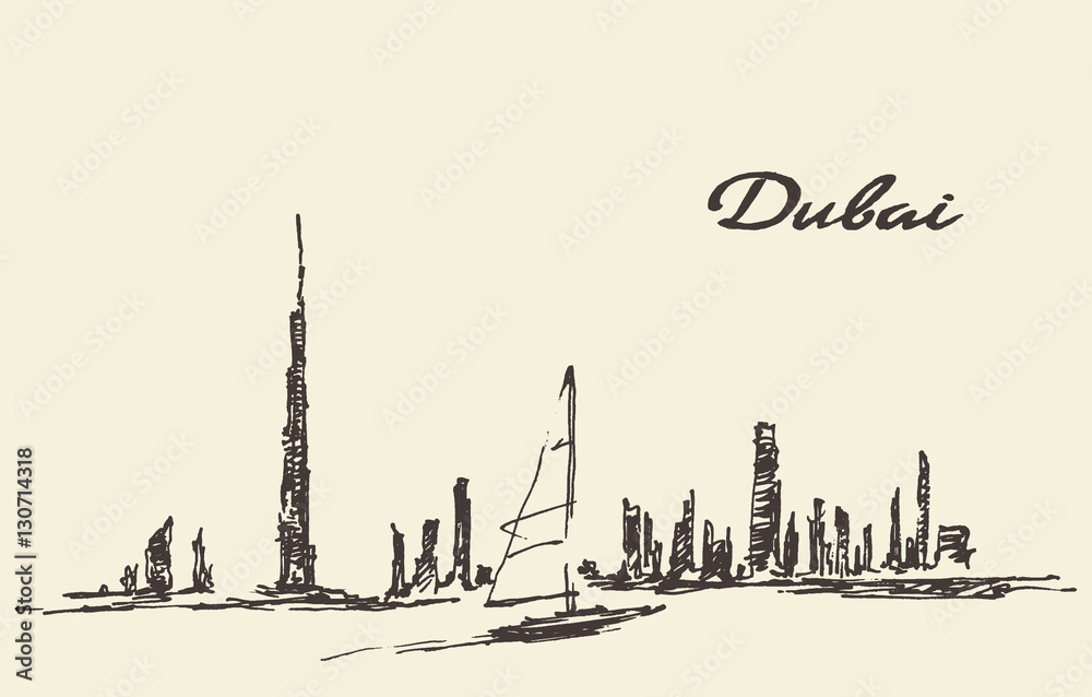 Dubai skyline silhouette drawn vector illustration