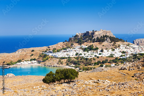 Panoramic view of Lindos town, bay and Acropolis