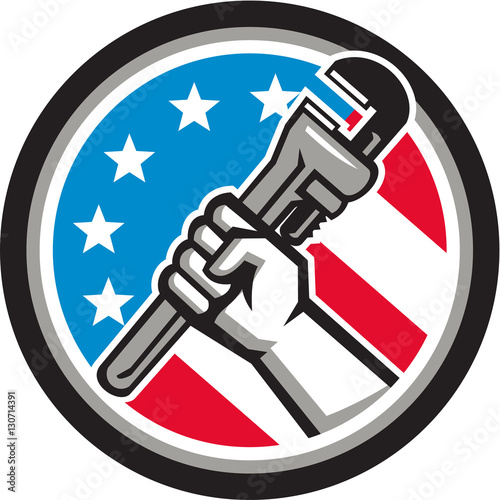 Plumber Hand Pipe Wrench USA Flag Side Angled Circle