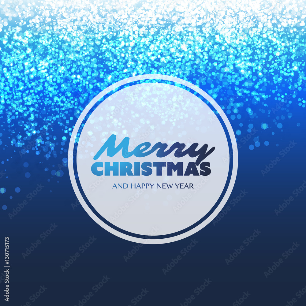 Fototapeta premium Merry Christmas - Colorful Modern Style Happy Holidays Greeting Card Design with Round Transparent Label on Sparkling Bright Blurred Background