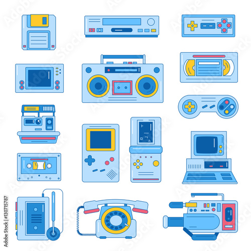 Retro gadgets from 90s in flat line style. Hipster old devices.