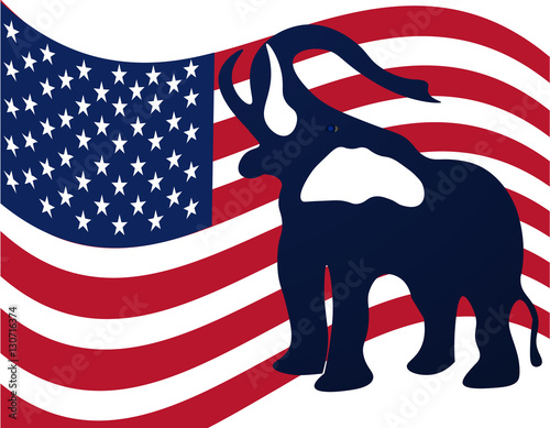 Republican elephant in the background of the American flag. Republican victory in US elections. illustration