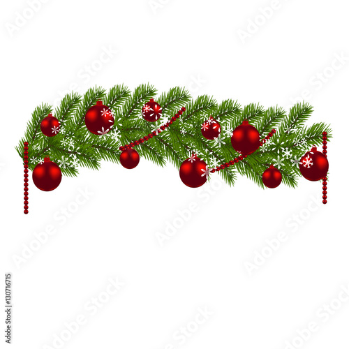 Christmas decoration. Green branches of a Christmas tree with red balls and snowflakes on a white background. New Year decoration. illustration