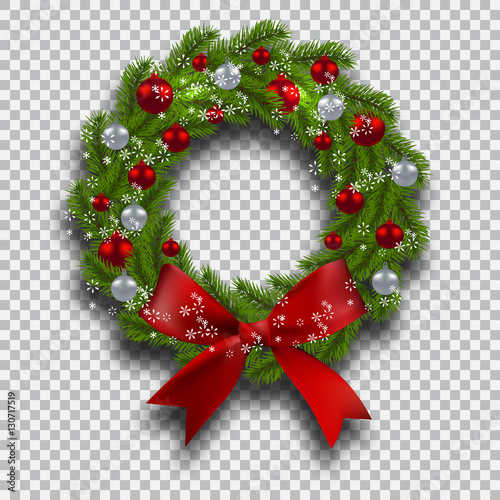 Green tree branch in the form of a Christmas wreath with shadow and snowflakes. Red and silver balls checker background. illustration