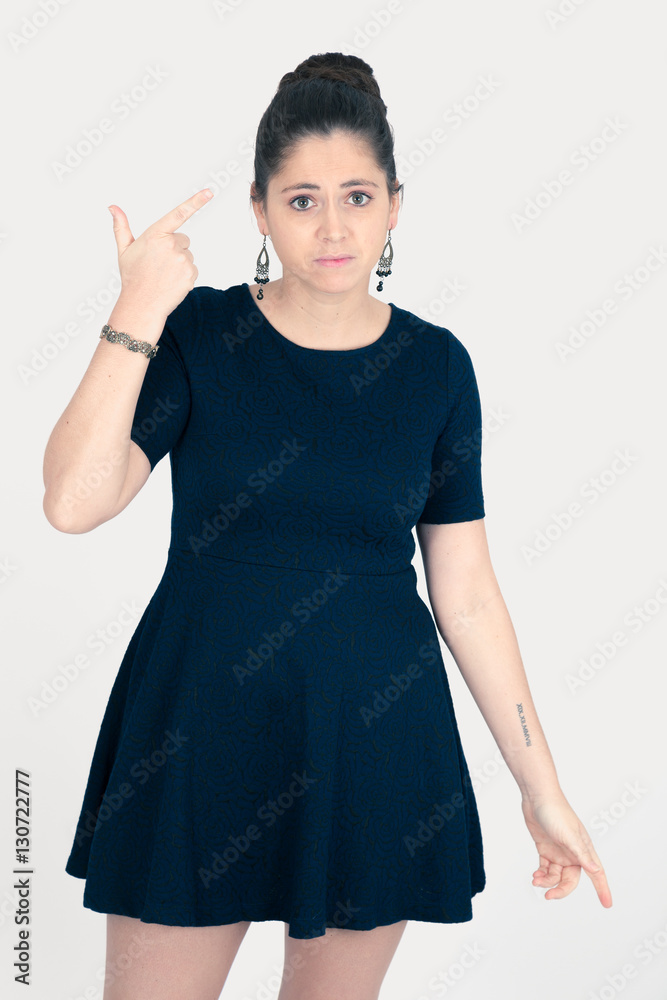 Beautiful woman doing different expressions in different sets of clothes: you are crazy Beautiful woman doing different expressions in different sets of clothes: you are crazy