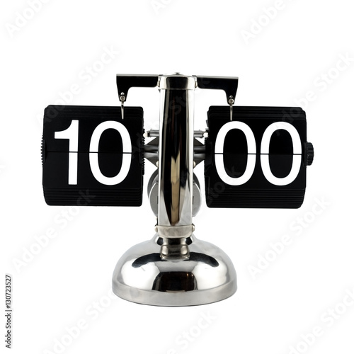 Isolated vintage flip clock on white background at ten o'clock