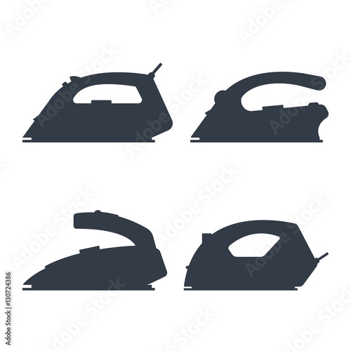 Set of black silhouette irons isolated on white background - vector illustration. Flat icon logo electrical equipment, ironing electric appliance, home device, housework tool