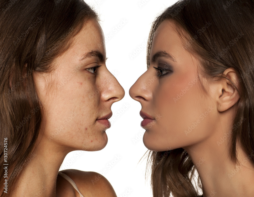 comparative portrait of the same woman, with and without makeup comparative portrait of the same woman, with and without makeup