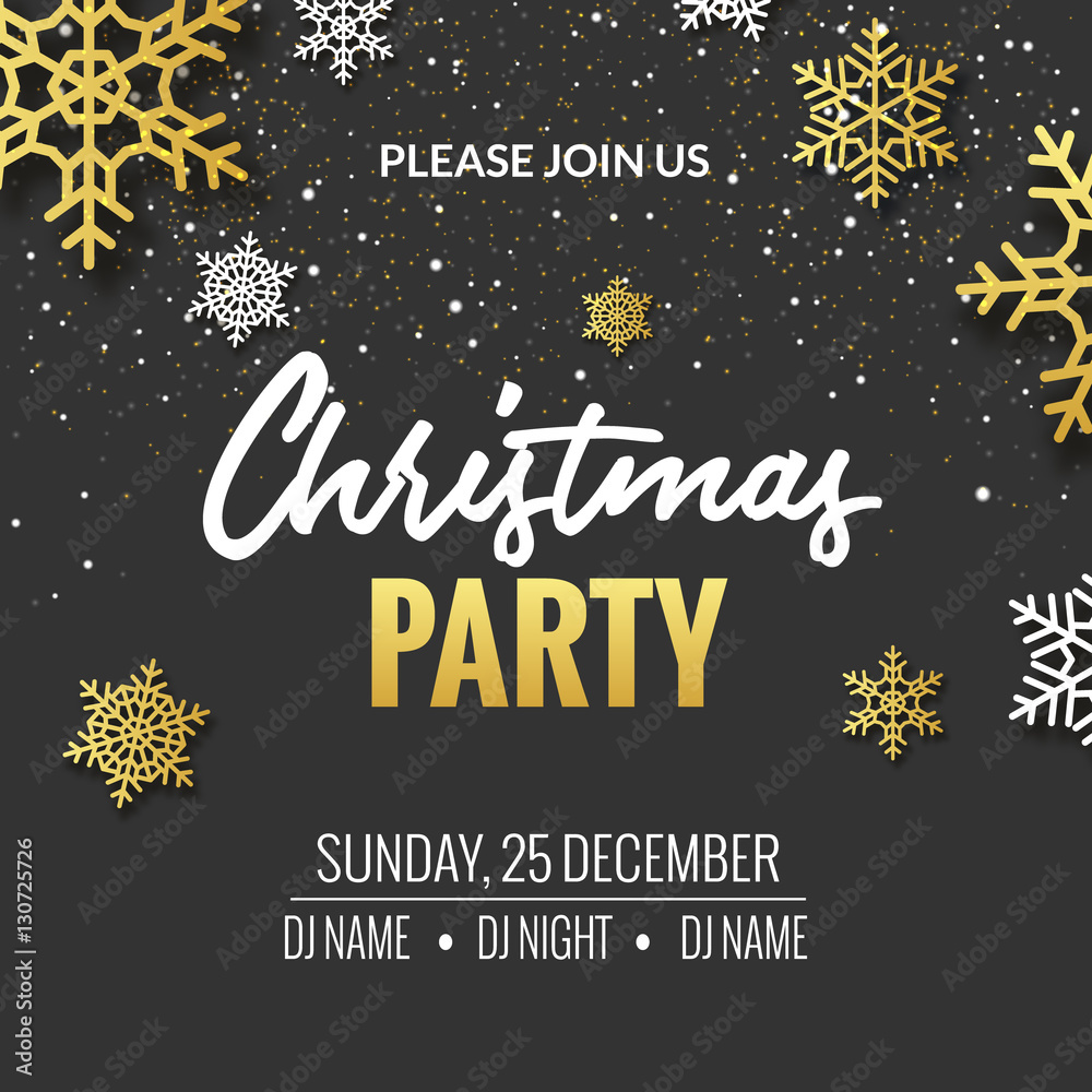 Christmas party invitation poster design. Retro gold typography and ornament decoration illustration. Xmas holiday flyer or poster design template