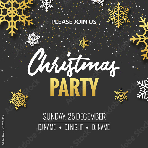 Christmas party invitation poster design. Retro gold typography and ornament decoration illustration. Xmas holiday flyer or poster design template