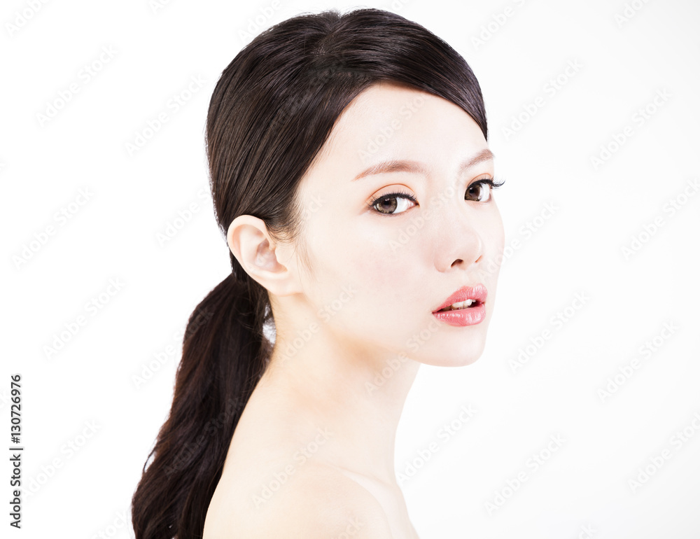 closeup   young  woman face isolated on white