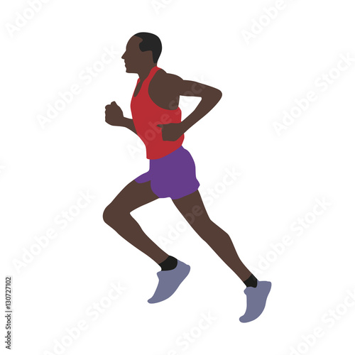 Vector runner, african american man running in red jersey, flat © michalsanca