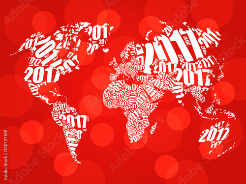 2017 Happy New Year, World Map in Typography word cloud collage concept
