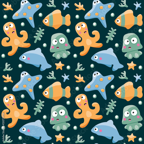 Marine seamless pattern with fishes, octopus and Dolphin setr tropical collection wild wildlife
