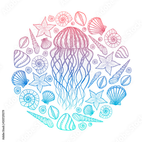 Jellyfish and shells in line art style. Hand drawn vector illust