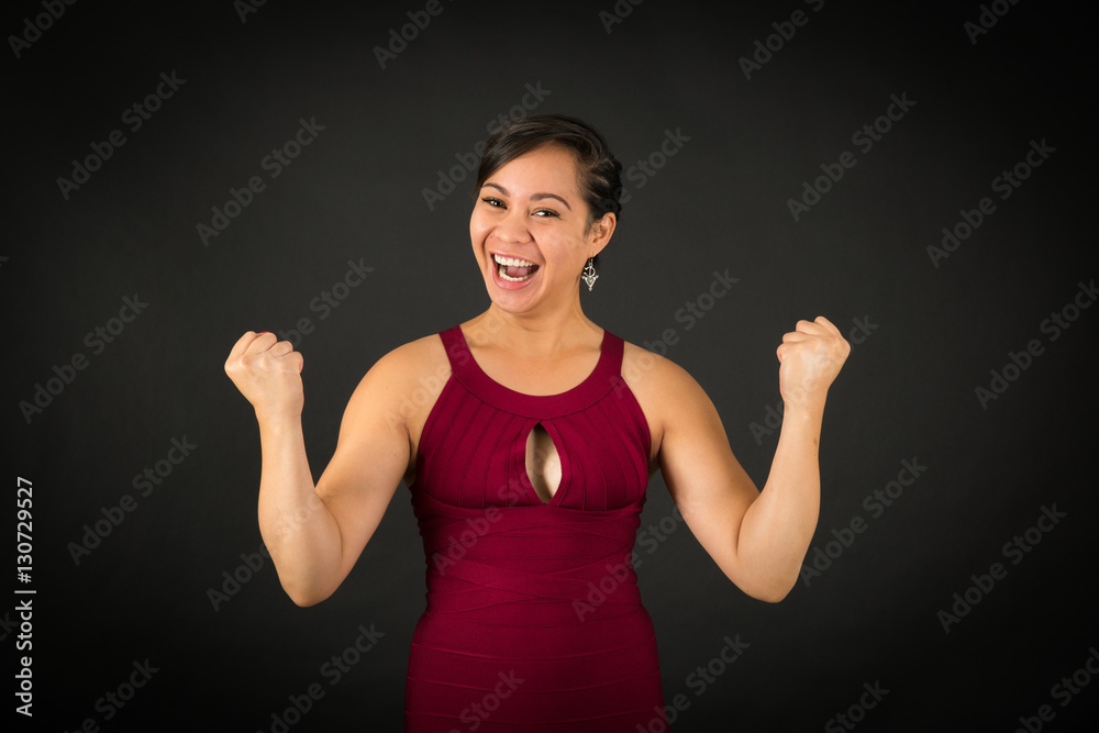 Beautiful woman doing different expressions in different sets of clothes: arms raised Beautiful woman doing different expressions in different sets of clothes: arms raised