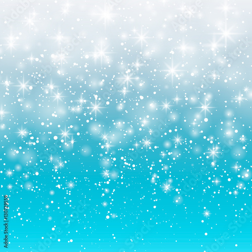Falling snow on a blue background. Vector illustration 10 EPS. Abstract white glitter snowflake background. Magic Christmas eve snowfall.