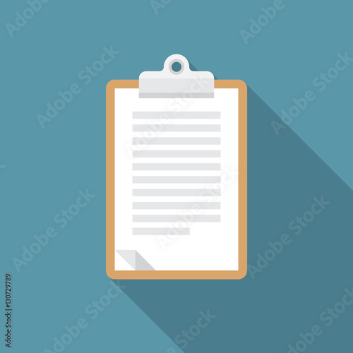 Brown clipboard icon with long shadow. Flat design style. Notepad silhouette. Simple icon. Modern flat icon in stylish colors. Web site page and mobile app design element.