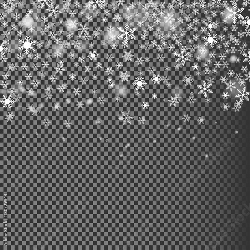 eps 10 vector falling snow on transparent background. Realistic Christmas snowfall with bokeh photo effect. Beautiful overlay for web, print and design. Greeting card, calendar, magazine cover, poster