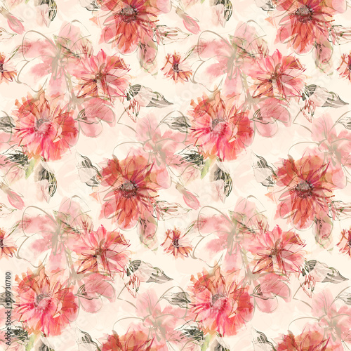 Red Flowers Seamless Pattern. Watercolor artistic template.