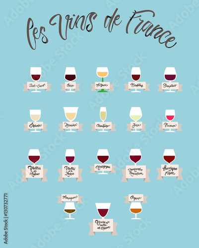 Vector lettering and flat illustration of wine "Les vins de France' with their names