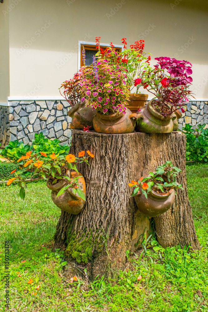 Landscape design details - stump with clay pots for flowers