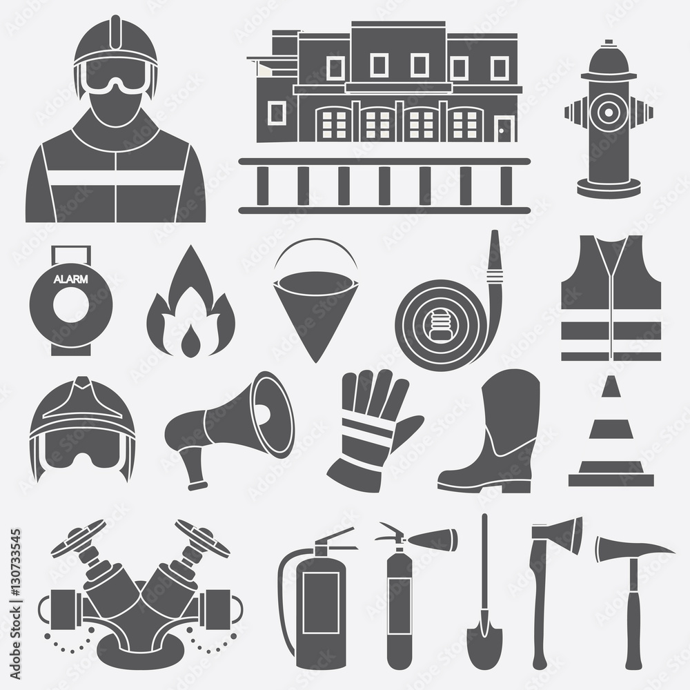 Naklejka premium Vector set icons of firefighting equipment vector illustration