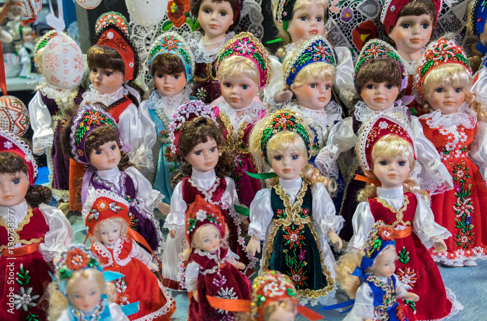 Traditional Hungarian souvenir dolls at gift store. Great Market