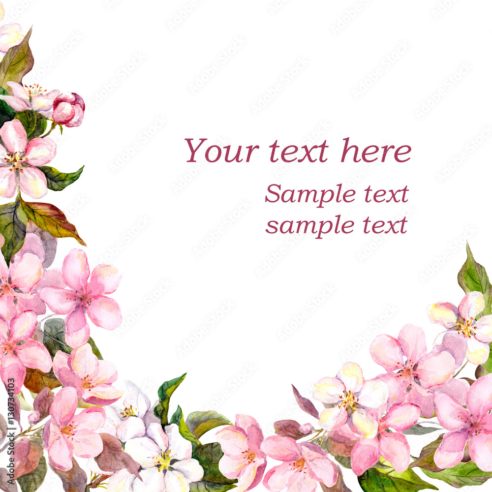 Floral greeting card. White, pink cherry sakura flowers. Watercolor