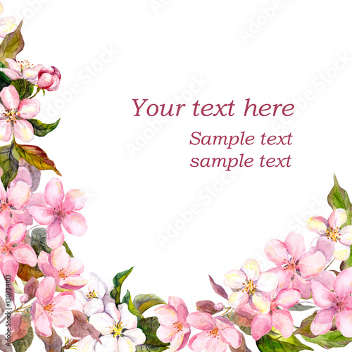 Fototapeta Naklejka Na Ścianę i Meble -  Floral greeting card. White, pink cherry sakura flowers. Watercolor