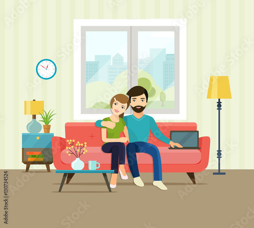 Smiling romantic Couple at home sitting on sofa. Vector flat illustration
