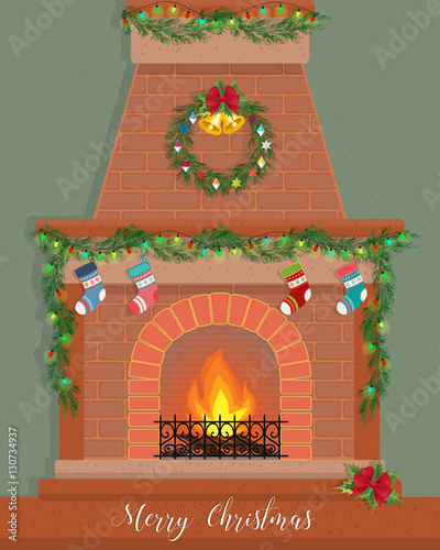 Christmas card with a decorated fireplace.