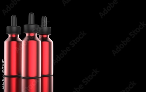 E cigarettes Liquid Bottle on black background. Vape. 3d illustration.