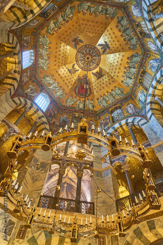 Beautiful mosaic inside the octagon-shaped interior of the Aachen Cathedral, which is listed under the world heritage sites fo the UNESCO