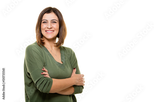 Happy young woman posing on white background.