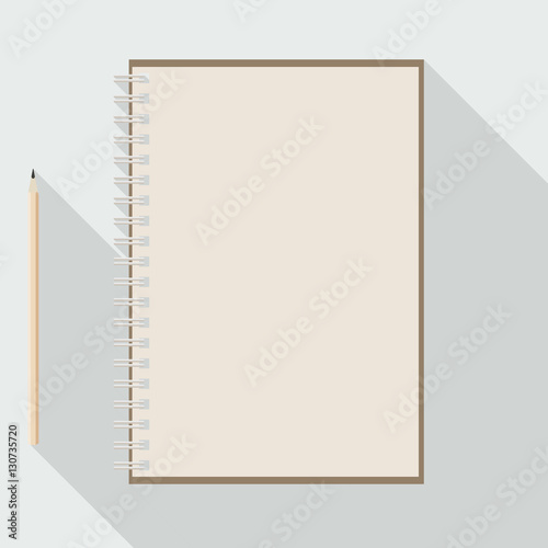 to left handed top view of flat vector design pencil and blank kraft paper notebook on background with long shadow effect