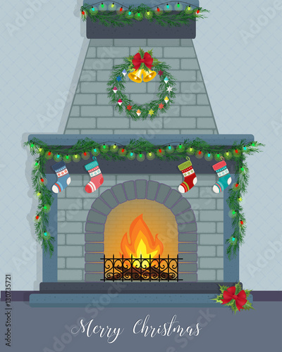Christmas card with a decorated fireplace.