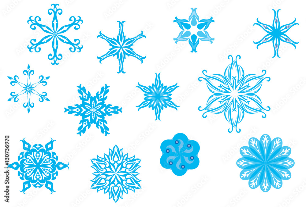 Fototapeta premium Crystallized, ornate snowflakes and snow flowers collection for Christmas in wintertime