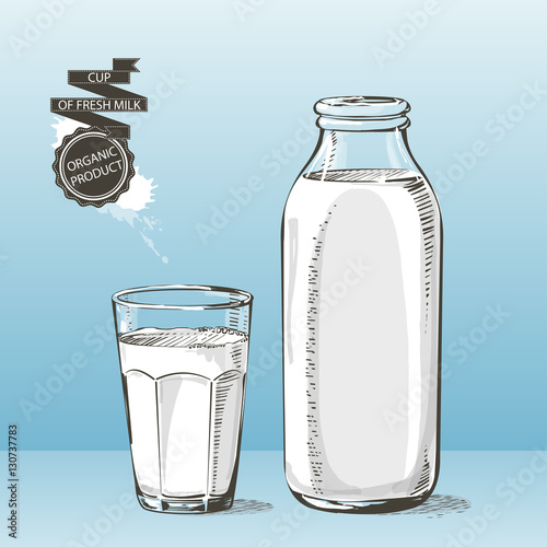 bottle and glass with milk vector sketch