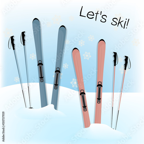 Winter background. Ski equipment in the snow. With snowflakes.