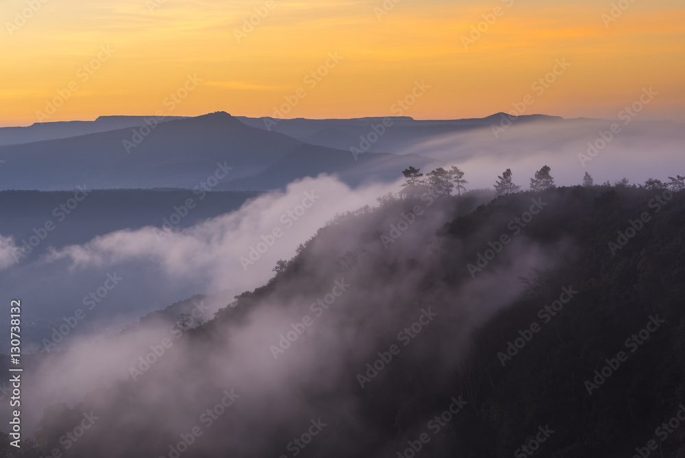 Sunrise mountain with mist, Phu Ruea National Park, Loei, Thailand