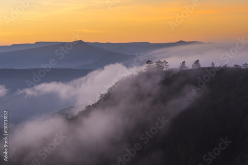 Sunrise mountain with mist, Phu Ruea National Park, Loei, Thailand