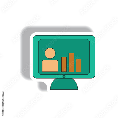 bar graph and online report Vector illustration in paper sticker style of man silhouette and column chart on monitor