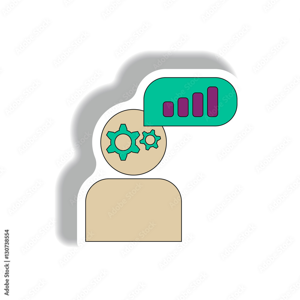 business and finance management thinking Vector illustration in paper sticker style of column chart and man silhouette. bar graph and gears business and finance management thinking Vector illustration in paper sticker style of column chart and man silhouette. bar graph and gears