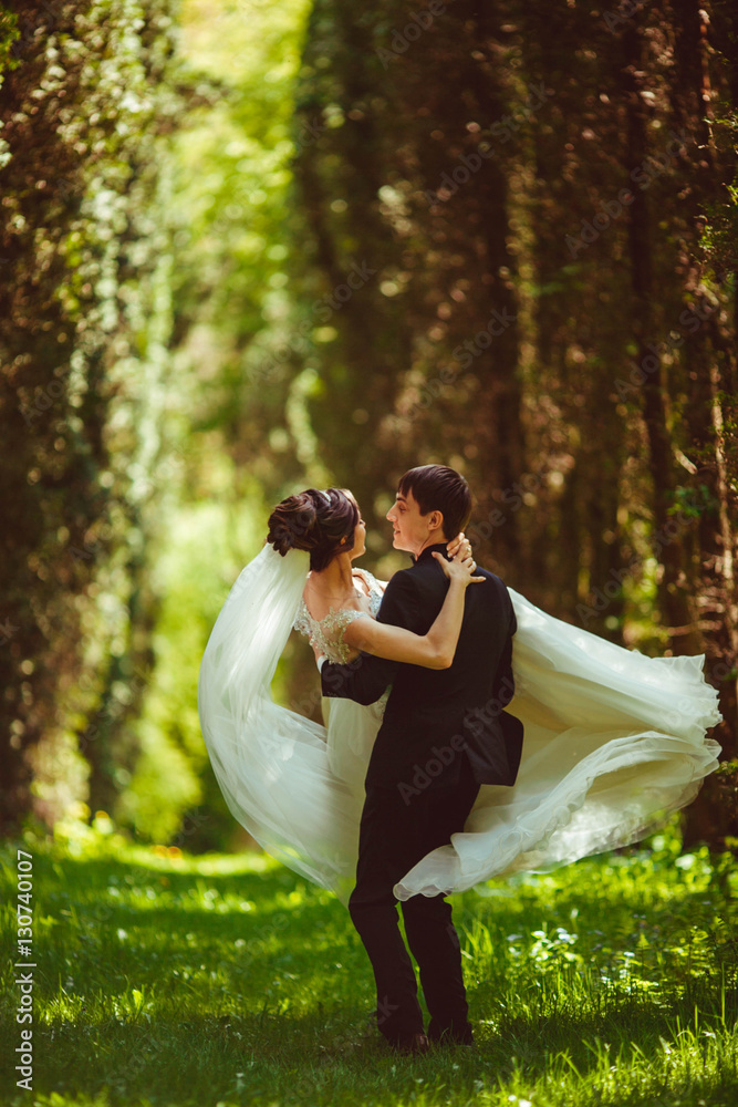 young groom holding his beautiful bride in the park young groom holding his beautiful bride in the park
