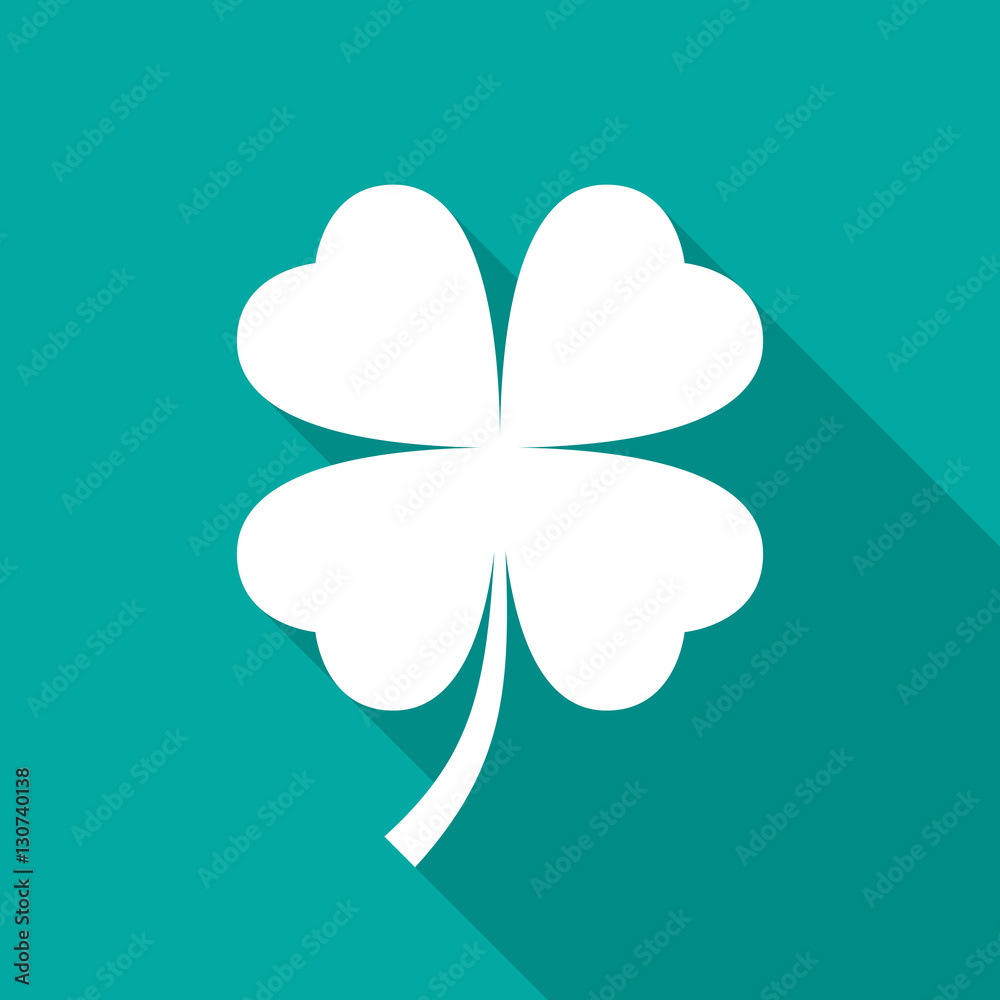 Four leaf clover icon with long shadow. Flat design style. Clover silhouette. Simple green icon. Modern flat icon in stylish colors. Web site page and mobile app design vector element. Four leaf clover icon with long shadow. Flat design style. Clover silhouette. Simple green icon. Modern flat icon in stylish colors. Web site page and mobile app design vector element.