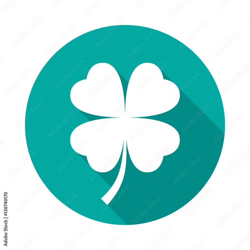 Four leaf clover icon with long shadow. Flat design style. Round icon. Clover silhouette. Simple circle icon. Modern flat icon in stylish colors. Web site page and mobile app design vector element. Four leaf clover icon with long shadow. Flat design style. Round icon. Clover silhouette. Simple circle icon. Modern flat icon in stylish colors. Web site page and mobile app design vector element.
