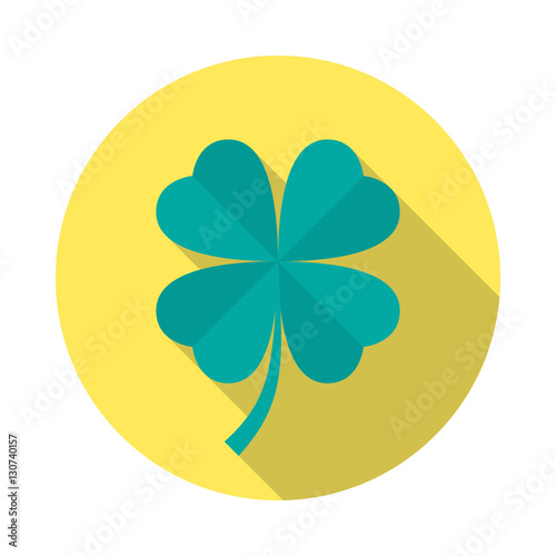 Four leaf clover icon with long shadow. Flat design style. Round icon. Clover silhouette. Simple circle icon. Modern flat icon in stylish colors. Web site page and mobile app design vector element.