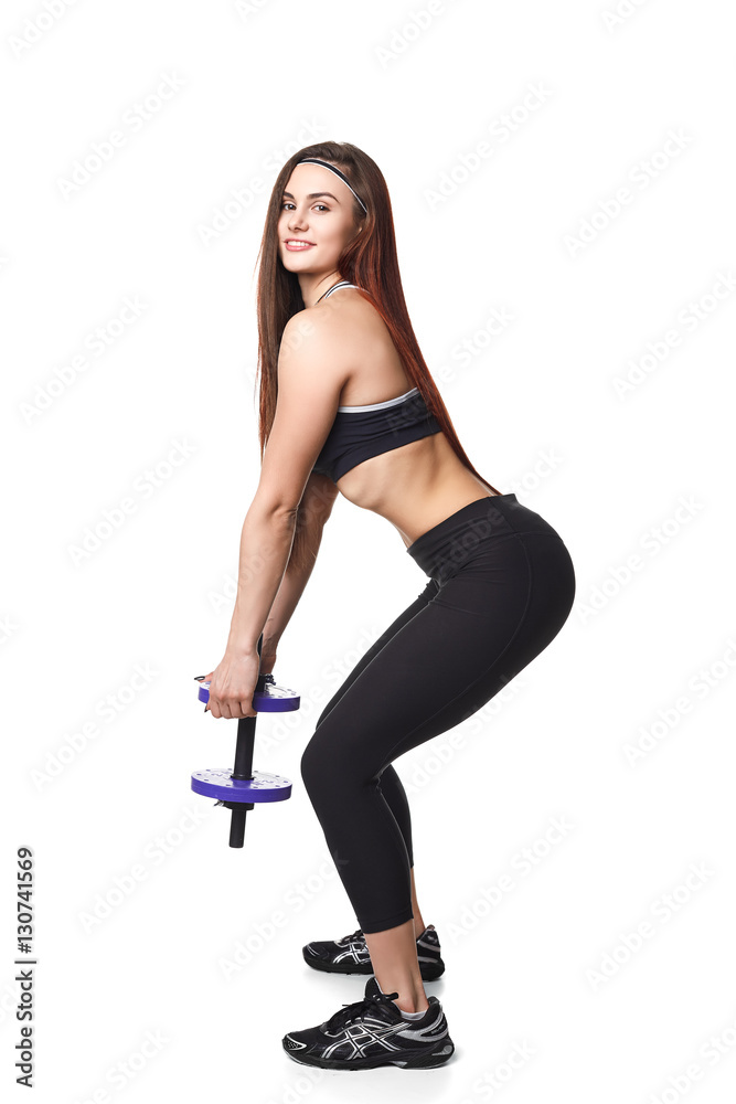 Athletic fitness woman helthy sport isolated white background black clothes with dumbbells Athletic fitness woman helthy sport isolated white background black clothes with dumbbells